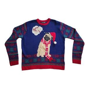 Christmas Holiday Blue/Red Pug Ugly Sweater Size XL